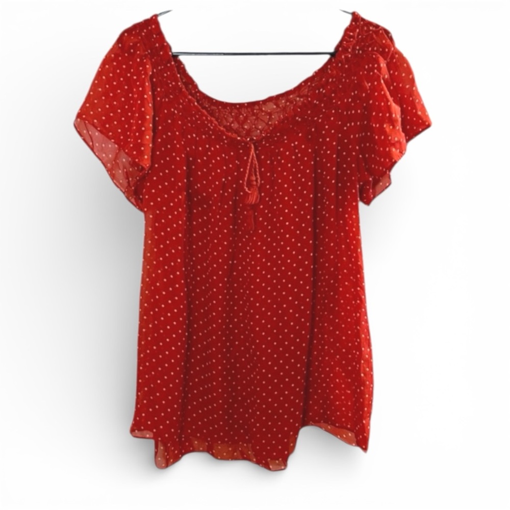 Vintage Cherry Red & White Polka Dot Blouse Shirred Scoop Neck Top Tassel Ties M - Picture 1 of 9